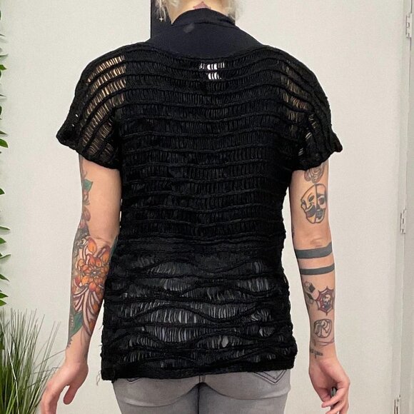 Chico's Oversize Crochet Knit Sweater Short Sleeve Size 2 Black - Picture 8 of 13